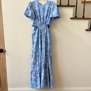 WAYF Plaza Cut Out Tiered Maxi Dress. Sky blue toile floral print. Sz S